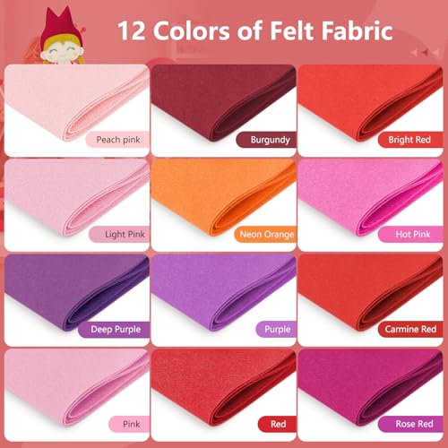12 Rolls 8"x35" Large Stiff Felt Sheets, 1mm Felt Fabric Sheet for Crafts - color: Red Series