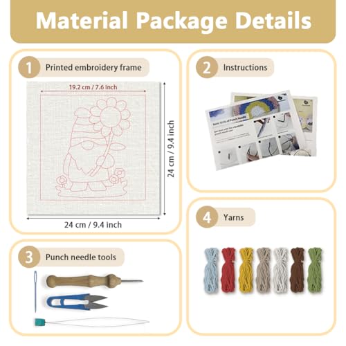 Doodlream Dwarf Sunflower DIY Punch Needle Embroidery Kit for Adult Beginner, 9.4" Gnome Flower Punch Stitching Craft Set for Starter with Frame, Fabric Pattern, Threader, Yarn, Pinch Needle - color: Dwarf Sunflower