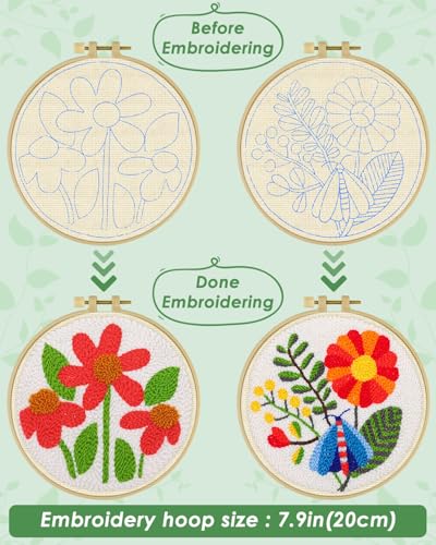 ERKOON Punch Needle Kit Adults Beginners, 2 Pcs DIY Easy Flower Embroidery Set for Starter Art Craft, Needling Punching Project with Patterns, Tools, Yarns, Hoop, Instruction (Safflower) - color: Safflower