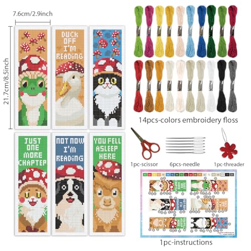 INFUNLY 6 Set Goose in Mushroom DIY Cross Stitch Bookmark Kits for Beginners Cat Dog Counted Cross Stitch Kit with Instruction Frog Cow Mushroom Embroidery Bookmark Kit for Book Lovers Readers Gifts - style: Animal Mushroom Heads