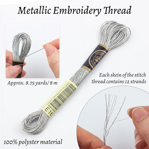 6 Skeins Embroidery Thread, Metallic Silver Embroidery Floss Friendship Bracelet String, Polyester Cross-Stitch Threads Friendship Bracelet String for Hand Embroidery, String Art - color: silvery