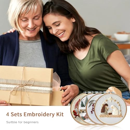 LB Christmas Embroidery Kit for Beginners: 4-Piece Cross Stitch Set with Green Plant, White Snowflake & Gnomes | Adults DIY Starter Kit Includes Hoop, Threads and Tools - color: White and Green