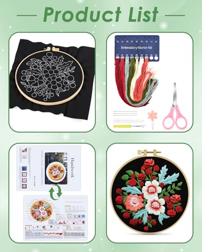 ERKOON Embroidery Kit for Beginners, Flower Cross Stitch Set for Include Embroidery Cloth Hoops Threads for Craft Lover Hand Stitch with Embroidery Skill Techniques (Dream Black Cloth) - color: Dream Black Cloth