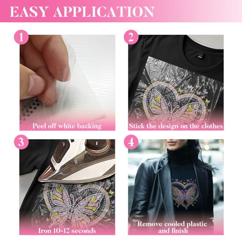 1 Pc Butterfly Heart Iron on Rhinestones Transfer, Pink Hotfix Iron on Patch Transfer Decals Crystal Heat Transfer Clothing Repair Decor for T-Shirt Jeans Jacket Party Decor - color: Butterfly Heart