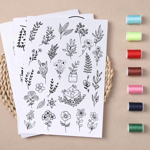 Water Soluble Embroidery Stabilizers for Hat, 4 Sheets Flower Stick and Stitch Embroidery Papers Wash Away, Pre-Printed Floral Farmhouse Pattern Transfers for Hand Sewing Lovers Beginners - size: Floral
