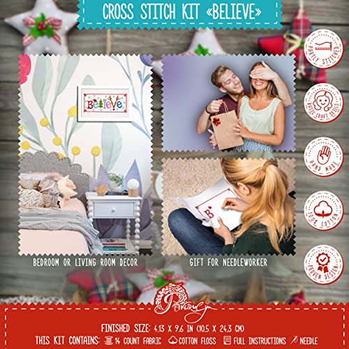 Povitrulya Counted Cross Stitch Kit 'Believe' - Embroidery Set for the Holidays, Encouragement, or Inspiring Everyday Possibilities with a Christmas Tree, Snowflake, Deer and Santa Hat