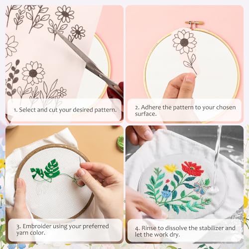 Water Soluble Embroidery Patterns Paper, 6 Sheets Stick and Stitch Embroidery Papers Wash Away, Flower Daisy Patterns, Pre - Printed for Customized Gift for Hand Sewing Lover Beginners