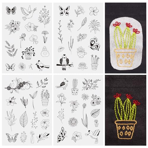 Magibeads 60 Patterns Leaf Flower Bird Insect Water Soluble Embroidery Patterns Plant Bonsai Butterfly Spring Stick and Stitch Transfer Embroidery Paper for Adult Beginners Hand Sewing Starter Kit - color: Flower & Leaf & Butterfly