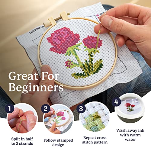 Kraftex Stamped Cross Stitch Kits for Beginners (Flower Theme - 6.75 Inch - 4 Pack 1 x Embroidery Hoop) Embroidery Needlepoint Patterns for Adults, Includes Poppy, Rose, Sunflower and Pansy - style: Flowers - Pansy, Roses, Poppy, Sunflower