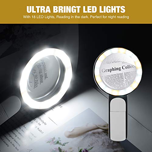 JMH Magnifying Glass with Light, Handheld Large Magnifying Glass 18LED Cold and Warm Light with 3 Modes, Illuminated Lighted Magnifier for Seniors Reading, Coins, Jewelry - color: Black