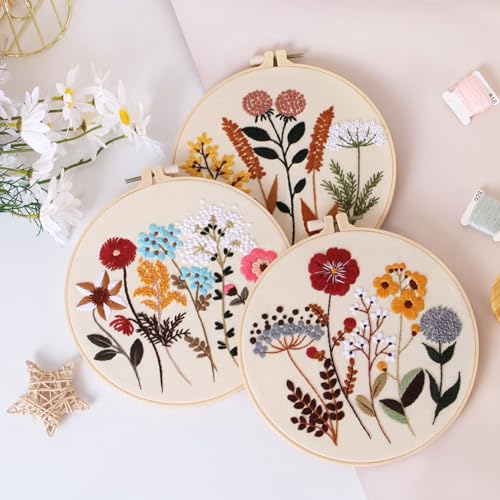 Smart-Feather 3 Sets Embroidery kit for Beginners, Hand Embroidery Kits for Adults with Hoop, DIY Art Project Craft Kit (Flower) - style: Flower