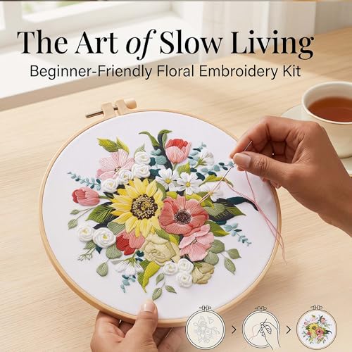Harimau Adult Beginner Embroidery Starter Kit, Complete Set with 4 Patterns, 2 Hoops, Needles, Scissors, Instruction Guide & Stitching Video Tutorials - color: Floral Pattern
