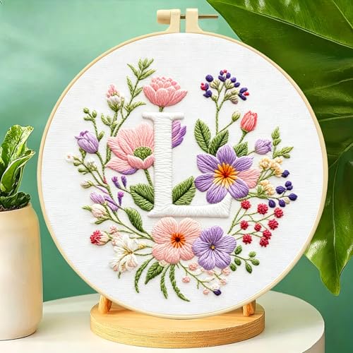Zhenqing Letter L Embroidery Kit for Beginners, Pre-Printed 29x29cm Cotton Fabric with 20cm Hoop, Romantic Floral Monogram Design (C0096)