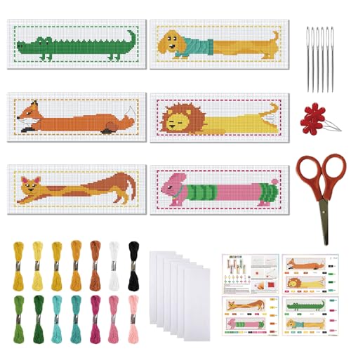 FREEBLOSS 6 Set Cross Stitch Bookmark Kits Stamped Cross Stitch Kit 11CT Embroidery Kit with Instructions for Adults Beginners Creative Animals Pattern, 20x6cm/8x2.4inch - style: Long bodied animals