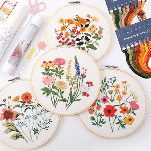 VIVIDOX 4 Sets Embroidery Kit for Beginners with Stitch Video, Flower Cross Stitch Kits for Adults, Starter, Hand Craft Lover Practice with Floral Stamped Pattern, 2 Hoops, 16 Needles, Scissors, Tools - color: Floral Kit (with 2 Hoops)
