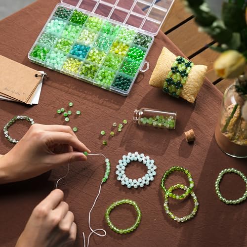 1200PCS Green Glass Beads for Bracelets, 24 Colors 6mm Crystal Beads Bracelets Making Kit and Jewelry Making, Round Green Nature Series Beads for Friendship Bracelets Earring Necklace DIY Crafts - color: Green Nature