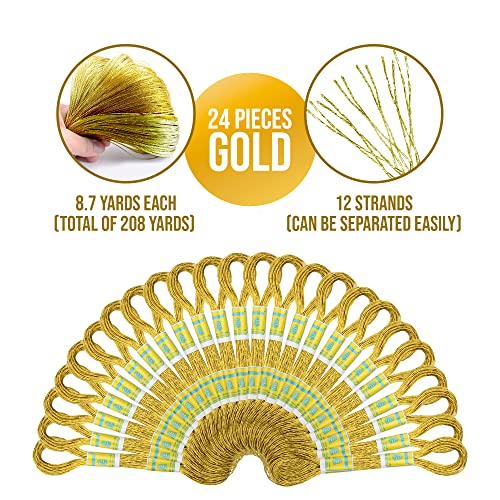 24 Gold Skeins 100% Cotton Metallic Thread for Hand Embroidery - color: Gold Floss
