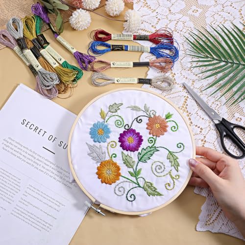 KALIONE 10 Skeins Embroidery Floss with 1 Pcs 8 Inch Round Embroidery Hoop Frame, 10 Colors Metallic Polyester Threads, Circle Imitated Wood Display Frame for DIY Embroidery Crafts (8 m 12 Strands)