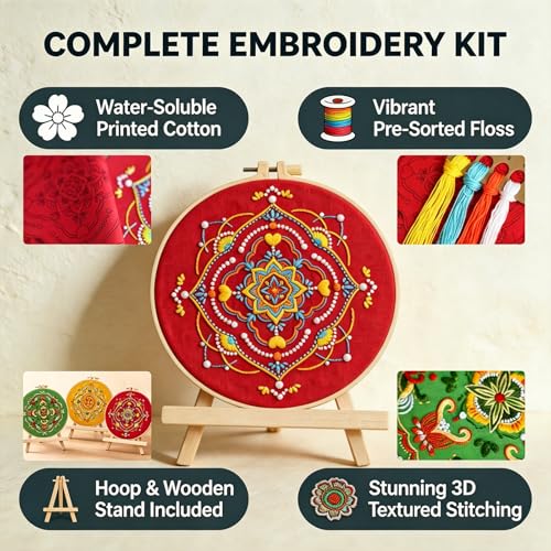 Qupace 3 Pcs Boho Embroidery Kits for Beginners Adults,Red Cross Stitch Sewing Craft Set with 3 Embroidery Hoops & 3 Finished Stands, Floral Pattern Needlework Kit - color: Red