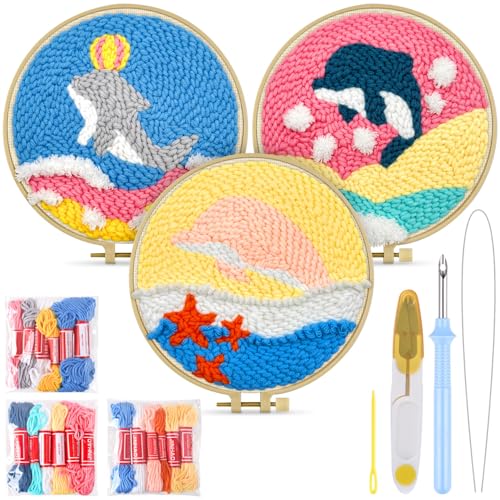 TINDTOP Punch Needle Kits, 3 Pack Punch Needle Embroidery Kits for Adults Beginner, Tool with Punch Needle Fabric, Hoops, Yarns and Sewing Needles (Dolphin) - color: Dolphin