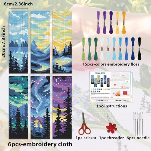 ACRNIGHEET 6PCS Stamped Cross Stitch Bookmark Kits for Beginners Scenery - style: Landscape Patterns 1