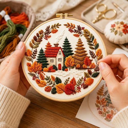 Zhenqing Autumn Cottage Squirrel Embroidery Kit for Beginners, Woodland Cottage Needlework Craft, Printed Fabric with Hoop, Threads & Full Tools, Fall Home Decor DIY Project, 29x29cm (C0058) - color: Autumn Woodland Cottage