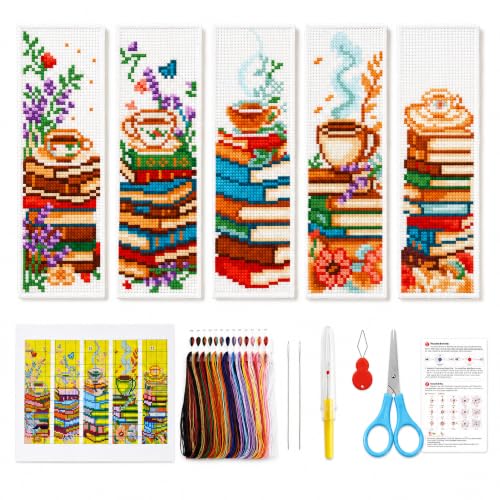 Zhenqing Books and Coffee Stamped Cross Stitch Bookmark Kit, 5 Cozy Reading Designs for Adults and Beginners, Book Lover Gift - color: Books and Coffee Bookmark