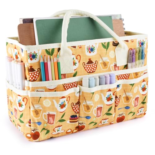 Craft Organizer Tote Bag with Multiple Pockets,Scrapbooking Art Storage - color: Yellow Teapot