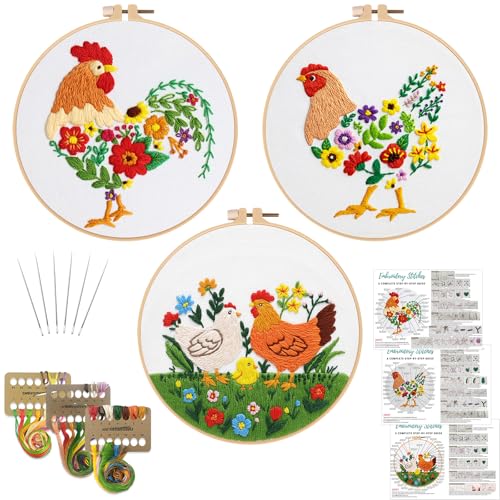 Louise Maelys 3 Packs Farm Animals Embroidery Kit for Beginners Gift - color: Rooster Hen