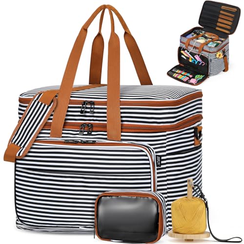 Crochet Organizer Bag with Yarn Holder, Large Yarn Storage for Accessories - color: Black Stripes