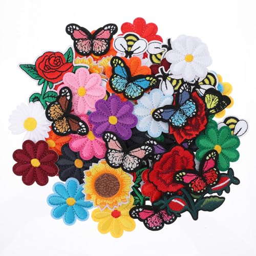 72 Pcs Flower Iron on Patches Colorful Butterfly Embroidered Iron On Patches for Clothing Sewing Patch Cute Daisy Flower Bee Applique Patch for Clothing Jackets Jeans Pants Hats Backpacks