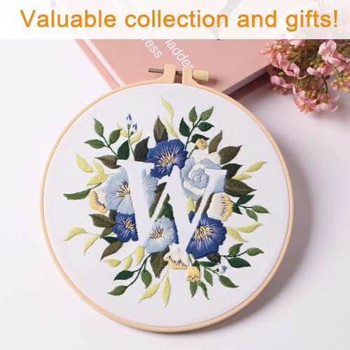 Harimau Letter Pattern W Embroidery Kit for Adult Beginners, Complete Starter Pack with 1 Hoop, Needles, Instruction Guide & Embroidery Stitch Video Tutorials - color: W