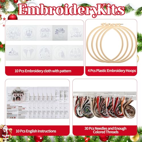 Canlierr 10 Sets Christmas Embroidery Kit with Patterns Instructions Needle Thread Tool Christmas DIY Cross Stitch for Adult Beginner Lover Xmas Holiday Party Supplies(Vivd Style) - style: Vivd Style