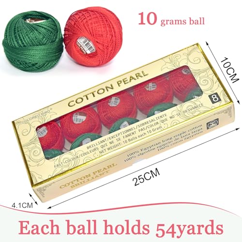 Double Mercerized Egyptian Long Staple Cotton Pearl Thread Ball 10 Grams Rainbow Color Embroidery Thread 10 Colors per Box for Crochet Hardanger Cross Stitch Hand Embroidery,red Green - color: classic color