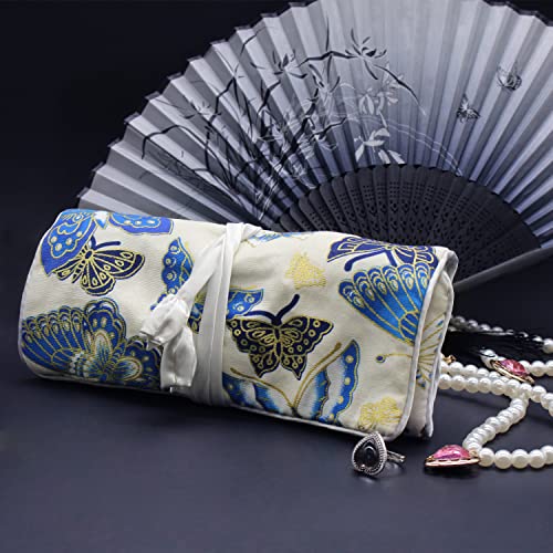 SmilerSmile Jewelry Travel Bag Embroidery Travel Jewelry Organizer with Tie Close Embroidered Flower Jewelry Roll for Women Girls (Butterfly/White) - color: 01 White/Butterfly