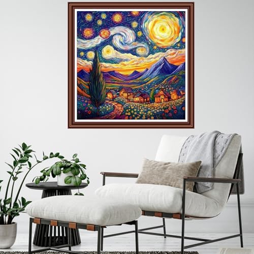 Dimensean Counted Cross Stitch Kit for Beginners, 11CT Unprinted Cross-Stitch Kit Easy Patterns Needlepoint Kit Cross Stitching Embroidery Kit Supplies-Van Gogh's Starry Night Home 18x18 inch - color: ColornNEW30