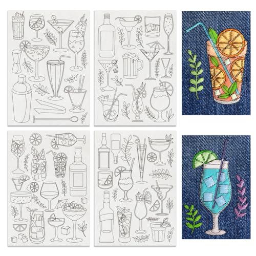 BENECREAT 4Sheets 81Pcs Cocktails Water Soluble Embroidery,11.7x8.3inch Wine Bottles and Lemon Stick and Stitch Embroidery Paper Stabilizer Hand Sewing for Shirts, Coats, Bags - color: Cocktails