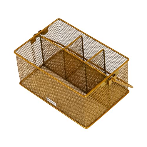 Mind Reader Multi-purpose Storage Caddy with Handle, Desktop Organizer, Cutlery Holder, 4 Compartments, Metal Mesh, Gold