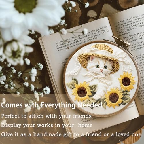 FONNUY White Kitten Embroidery Kit, Sunflowers Cat Lace Hat Cross Stitch Kits for Beginners, Handmade Crafts with Printed Patterns for Adults, Color Thread Needlework, 8'' Hoop (Cat 01) - color: Cat 01