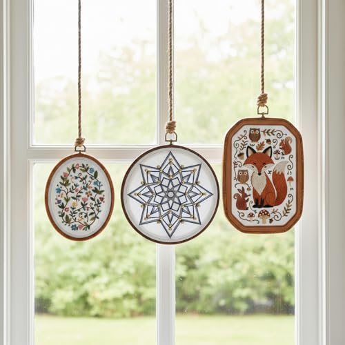 9 Pack Embroidery Hoop Frame Large 4 Shape Decorative Imitated Wood Display Frame Circle Cross Stitch frames Hoop Ring for DIY Art Craft Sewing Ornaments, Circle Oval Octagonal Shape and Hanging Decor