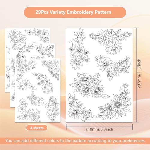 ORIGACH 4 Sheets Water Soluble Embroidery Patterns Stabilizers - Pre-Printed 4 Styles Corner Flowers Designs - Stick & Stitch Embroidery Paper for Hand Sewing Lovers - color: Corner Flowers