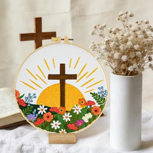 ElasignShopo Christian Embroidery Kit for Beginners Adults, Easy Cross Stitch Kit Easter Cross Jesus Pattern Embroidery Starter Kits with Wooden Hoop, Needles, Threads and Instruction Easter Gift - color: Flower Cross