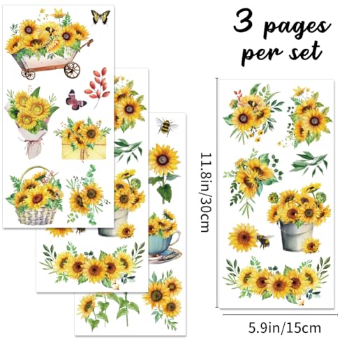 3 Sheets Sunflower Rub on Transfer Waterproof Furniture Transfers Decals Summer Flower Farmhouse Rub on Decals 6 x 12 Butterfly Transfer Stickers for Wood Door Cabinet Craft Home Decor - style: Sunflower