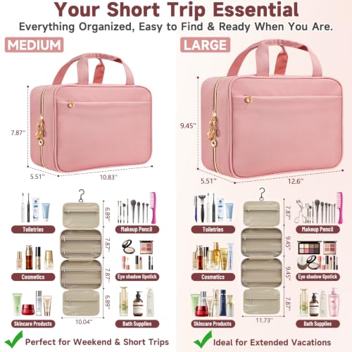 Travel Toiletry Bag for Women, Hanging Makeup Organizer Clear Pockets - color: Pink, size: Medium