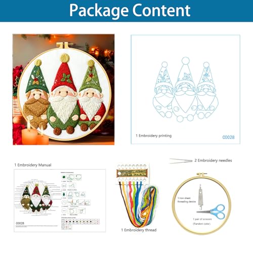 Zhenqing Christmas Gnome Embroidery Kit for Beginners, 3 Gnomes Needlework Kit with Pre-Printed Cotton Fabric, Hoop, Threads & Tools (C0028) - style: Christmas Gnome