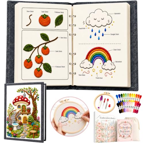 Msvphink Embroidery Stitch Book for Beginners, 73 Larger Patterns for Adults Seniors, Removable Pages, 24-Color Thread DIY Kit with Instructions
