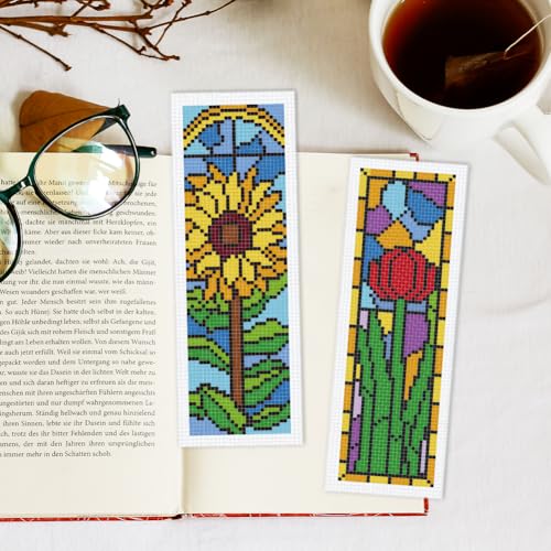 INFUNLY 6PCS/Set Pixel Flowers Cross Stitch Bookmark Kit 2.99x8.54 Retro Floral Window Handmade Cross Stitch Bookmarks DIY Embroidery Bookmarks for Readers with Instruction for Starter Book Lovers - style: Pixel Flowers