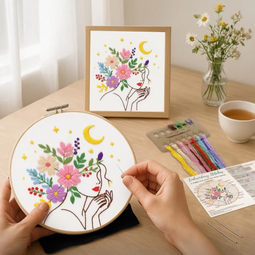 Nuberlic Embroidery Kit for Beginner,Floral Woman Embroidery - color: woman