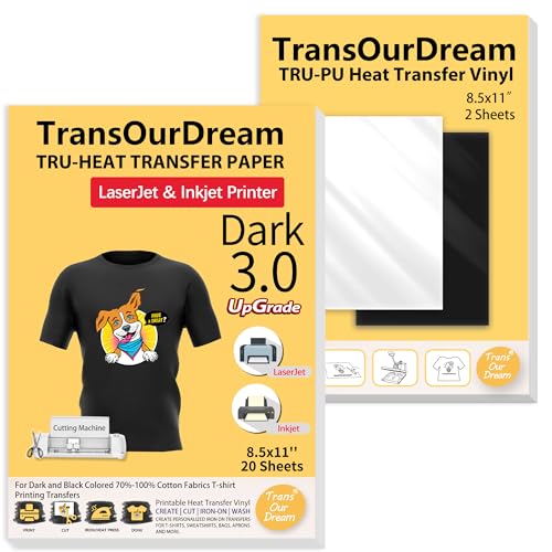 TransOurDream Iron on Heat Transfer Paper for Dark Fabric (20+2 Sheets, 8.5x11") Printable Iron on Transfers for Inkjet Printer & Laserjet Printer, Heat Transfer Vinyl for T Shirts (D3-BW-22) - color: Dark, size: 22 Sheets