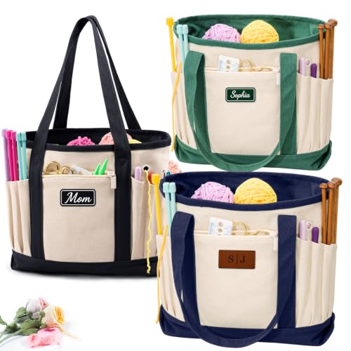 Personalized Crochet Bag with Custom Leather Patch or Embroidered Name, Canvas Knitting Tote for Yarn Storage, Crochet Organizer with Multiple Pockets, Custom Gift for Crocheters & Knitters - color: Nature-Navy, size: Make it Personal